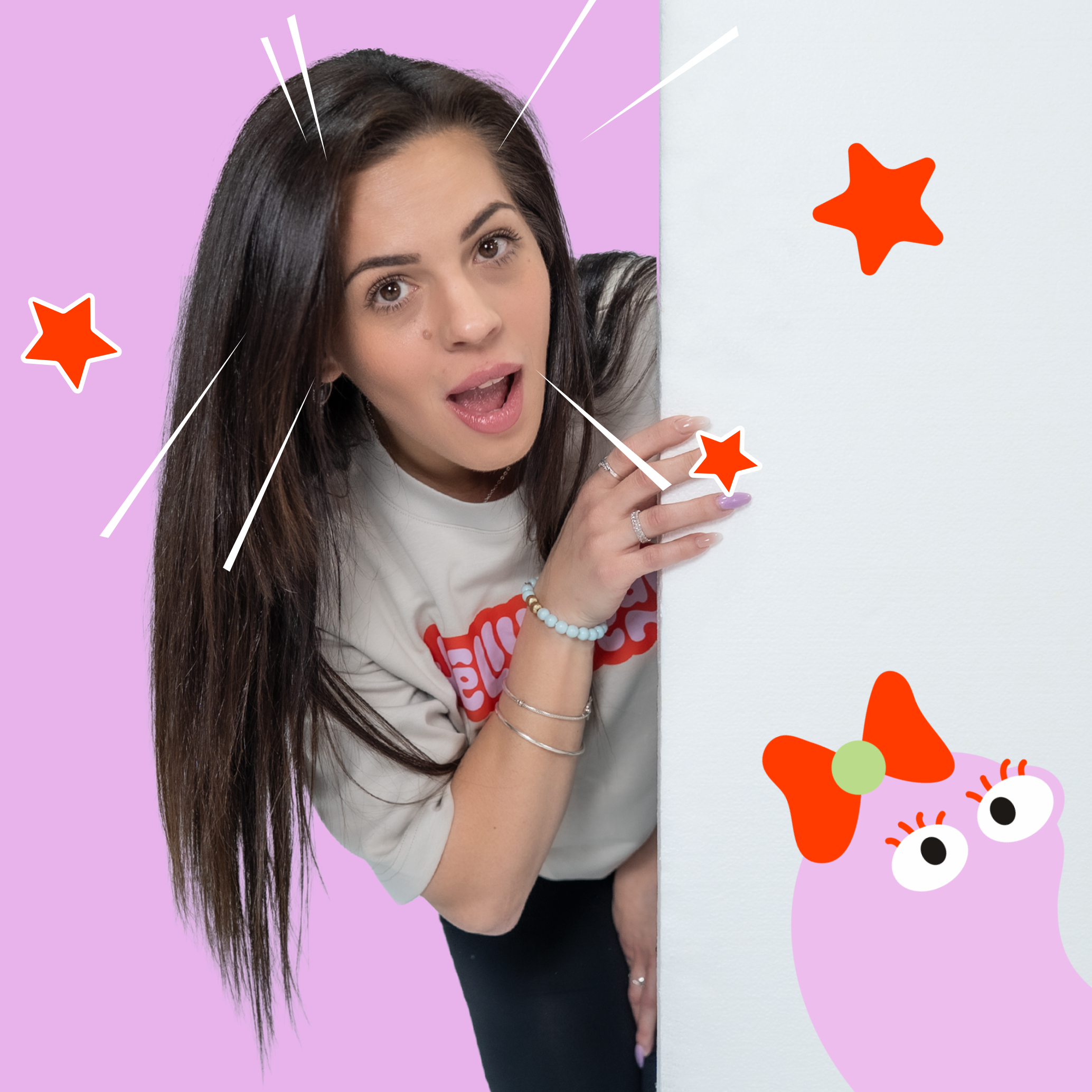 Person peeking from behind a door with colorful decorations and 'JellyBean' branding.