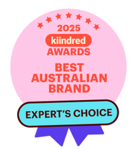 Award badge for '2025 kiindred Awards Best Australian Brand Expert's Choice' on a pink background
